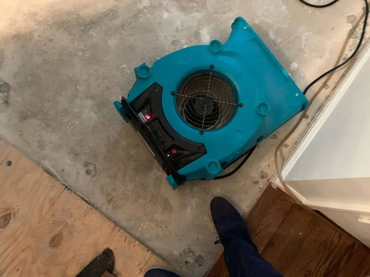 Air mover drying subfloor during Commercial Water Damage Restoration in Woodmere